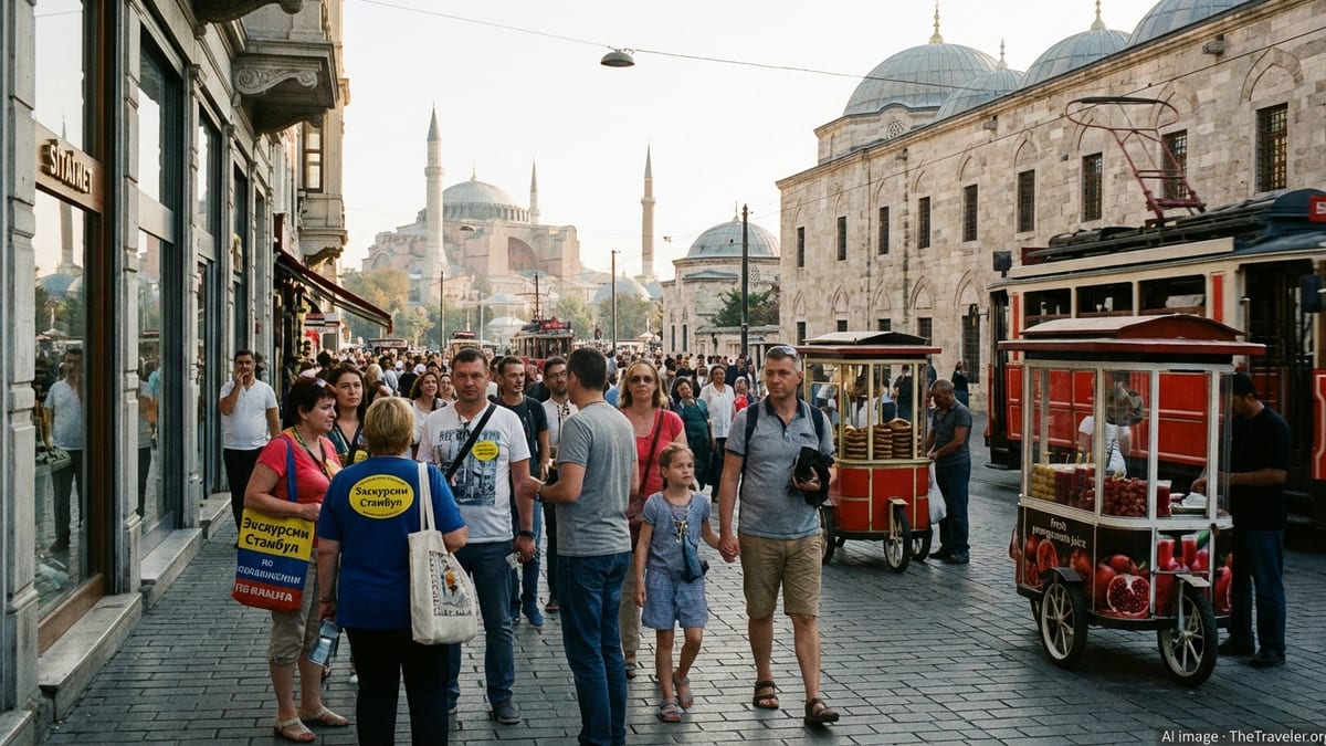 Crowds of international tourists walk through historic central Istanbul on a sunny day.