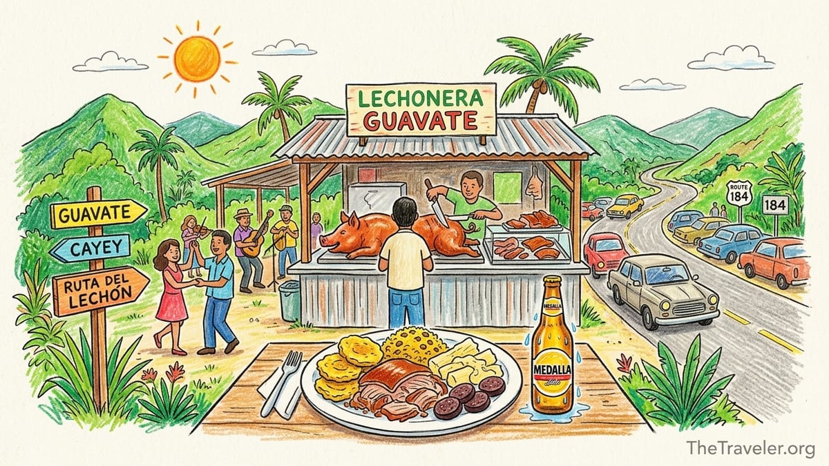 Lechón platter in Guavate with crispy cuerito, arroz con gandules, yuca al mojo, tostones, and morcilla on a plastic table.