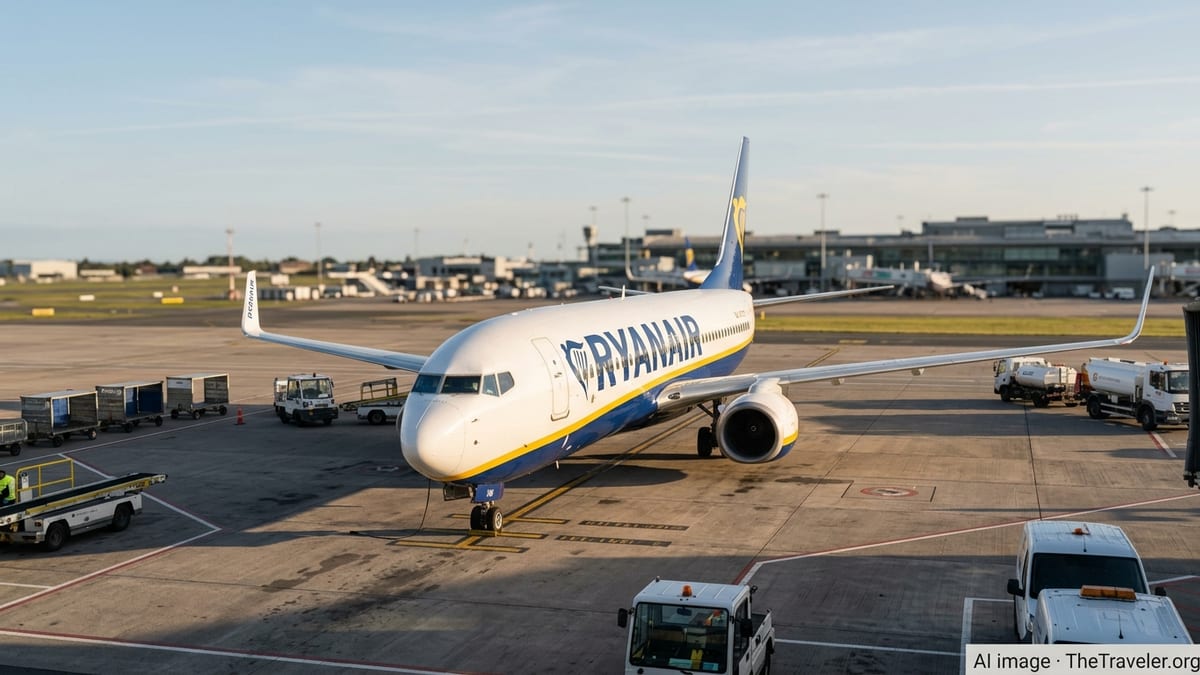 Ryanair Boeing 737 on the apron at Dublin Airport during golden hour.