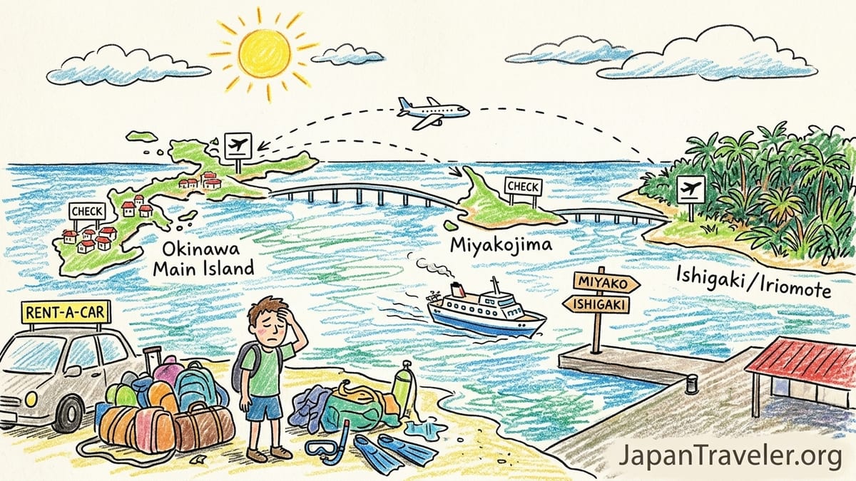 Traveler with suitcase and snorkeling gear at an Okinawa ferry terminal, turquoise sea and high-speed boat behind.