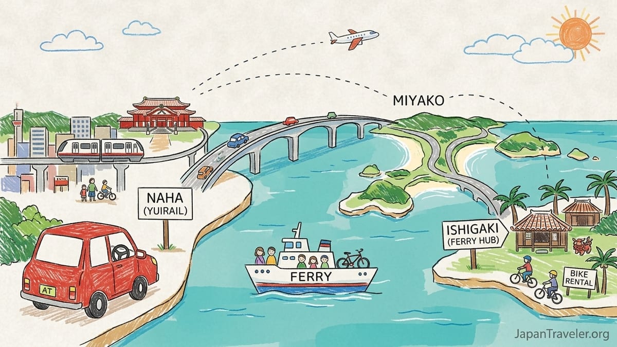Rental car viewpoint in Miyakojima with Irabu Bridge and bright turquoise sea in Okinawa, Japan.