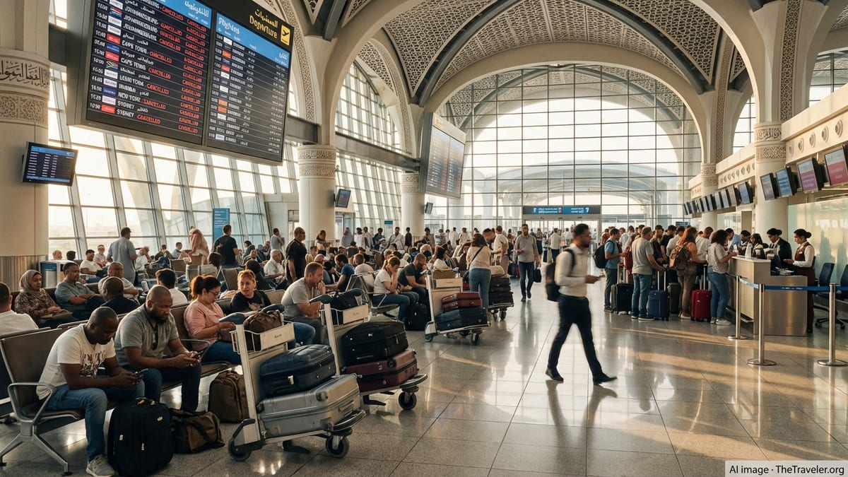 Stranded travellers sit with luggage under cancelled flight boards at a busy Gulf airport.