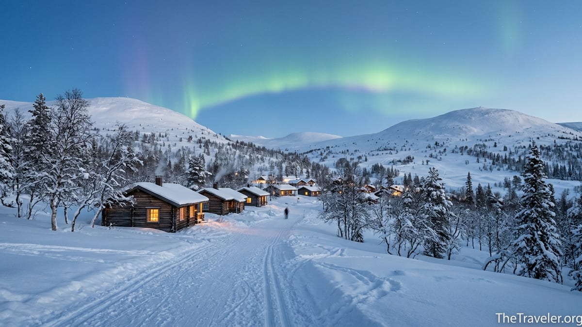 Winter view of Saariselkä village cabins and snowy fells beneath the Northern Lights.