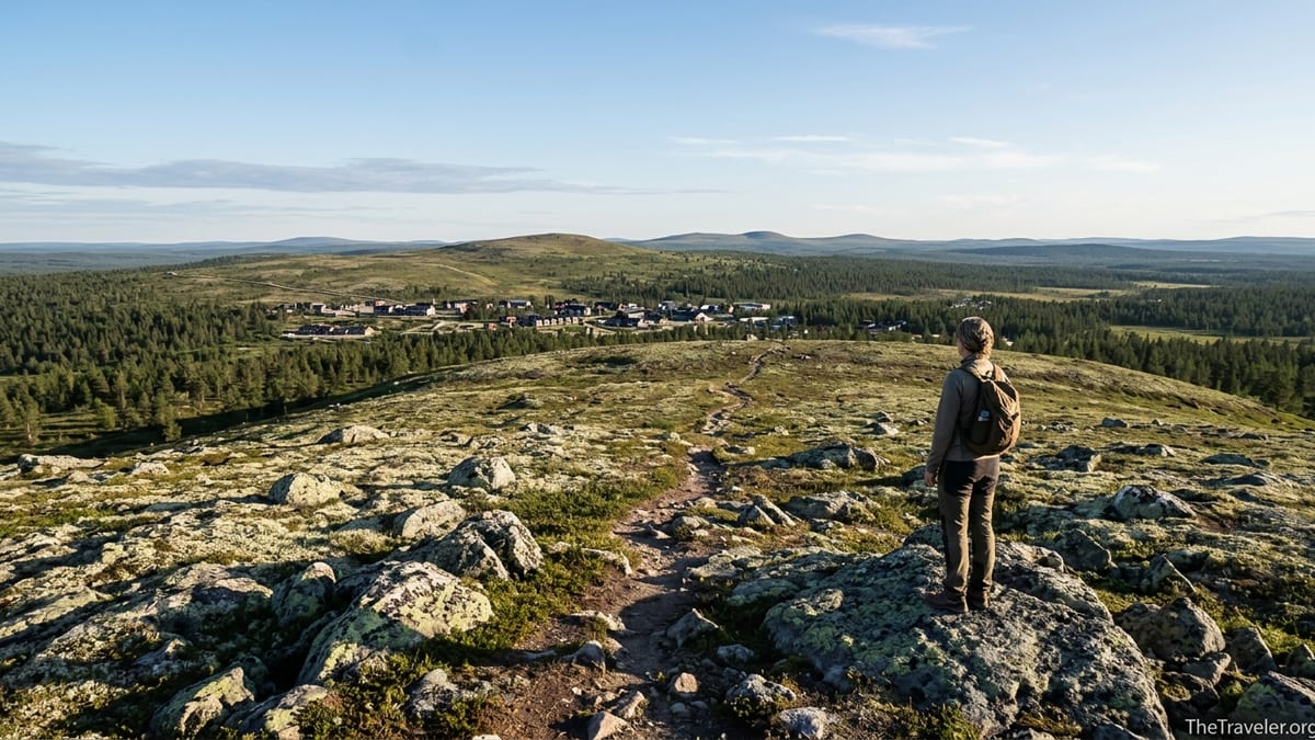 Hiker on a fell above Saariselkä overlooking fells and forest in Finnish Lapland.