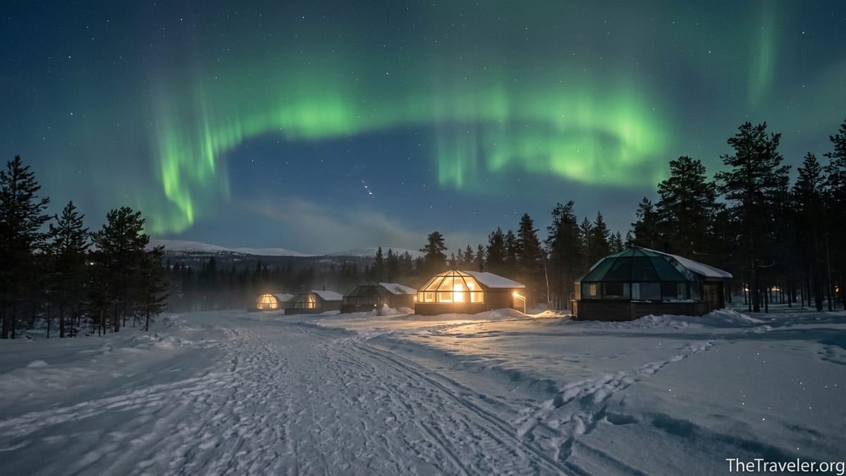 Glass-roof cabins under the Northern Lights in snowy Saariselkä forest at dusk.