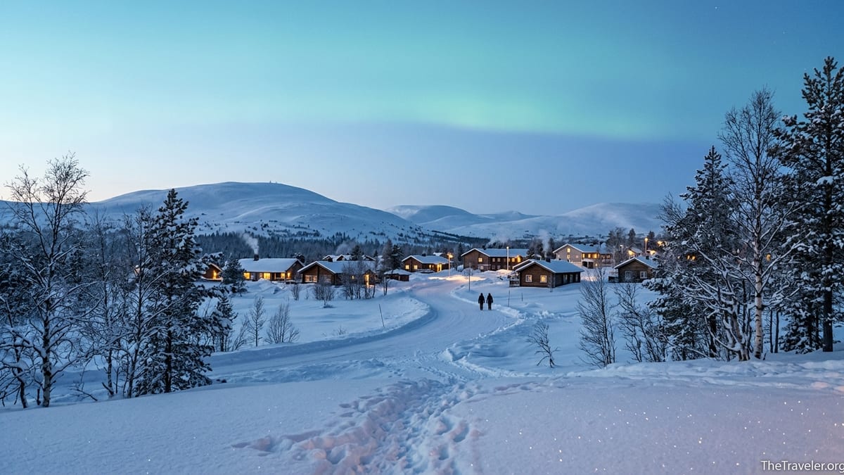 Blue hour winter view over Saariselkä village with snowy fells and glowing chalet lights.