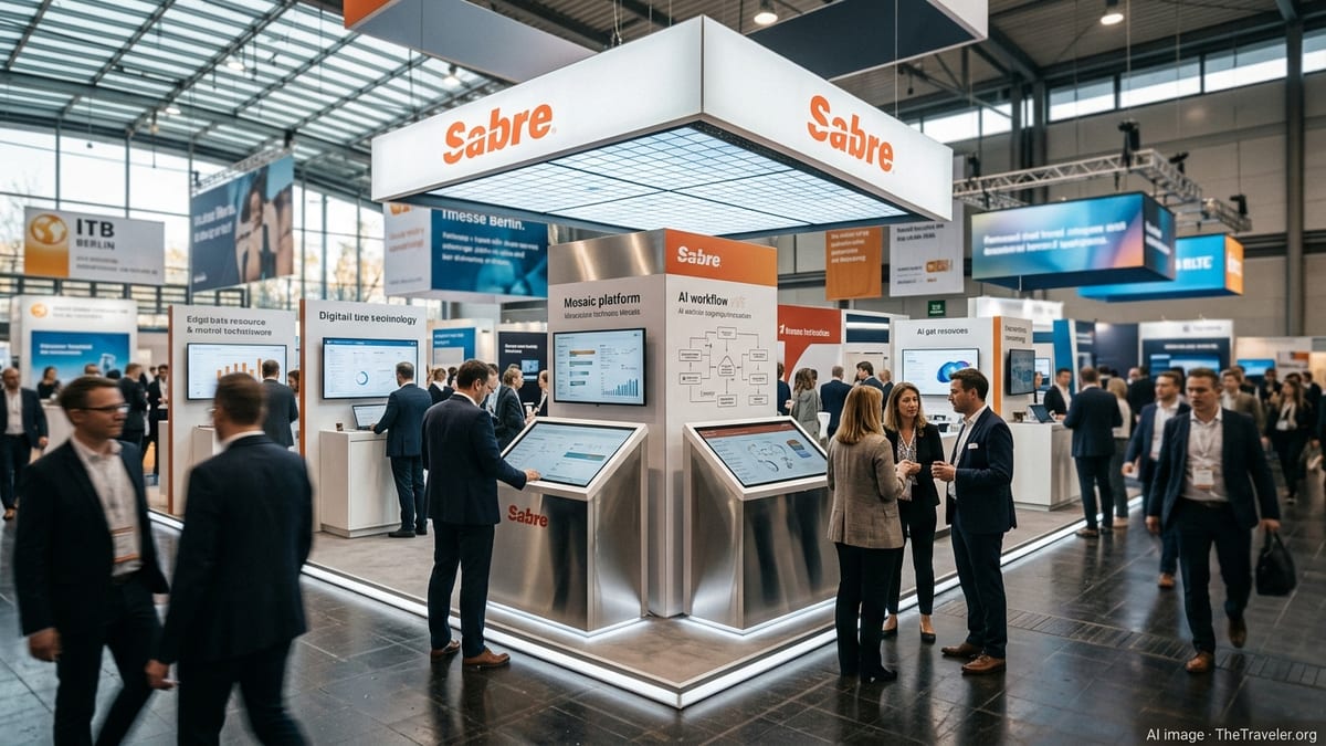 Busy ITB Berlin 2026 hall with Sabre’s AI-first Mosaic platform booth and attendees.