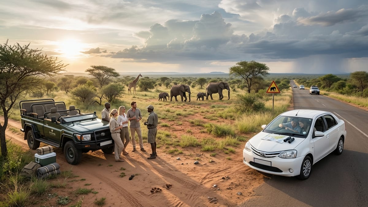 Safari guests and rental car occupants observe wildlife in South Africa's Kruger landscape.