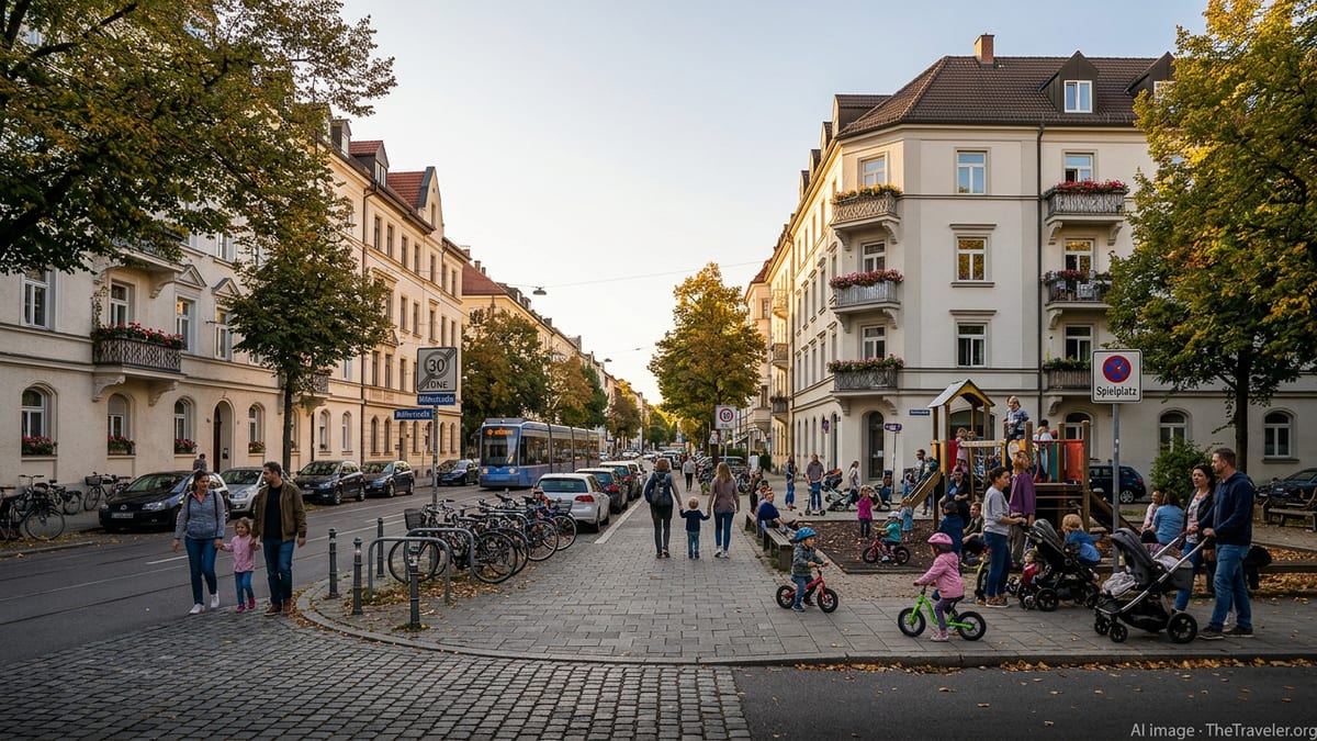 Families walking and children playing in a quiet, safe residential street in Munich at early evening.