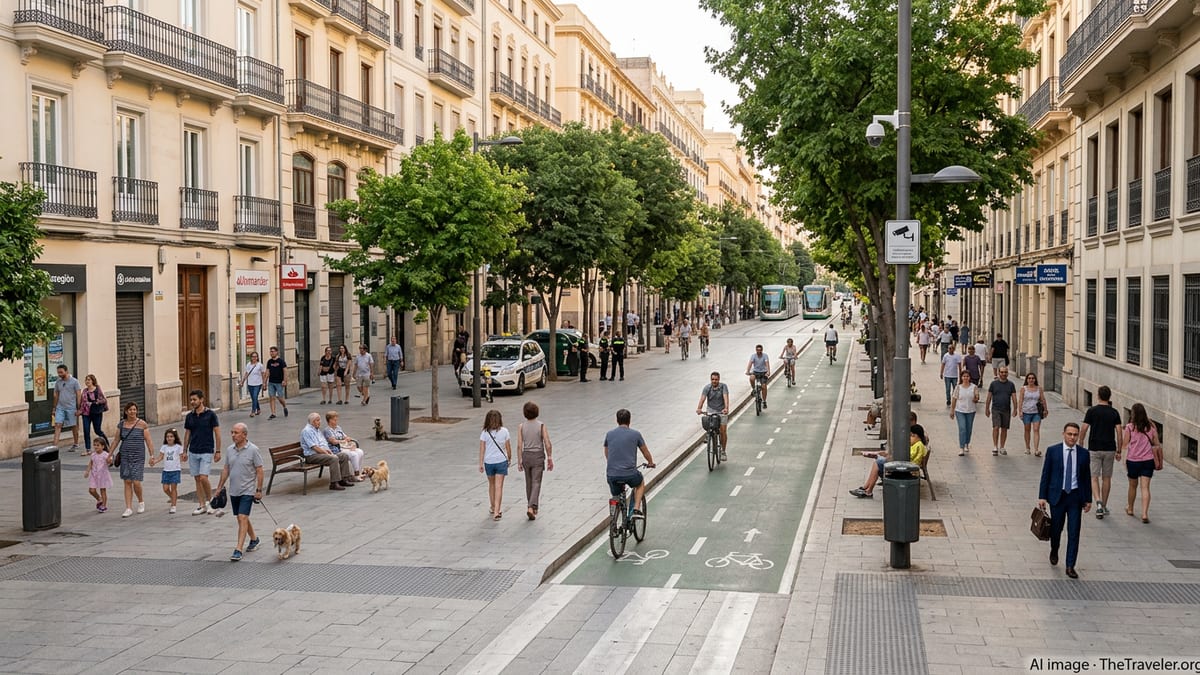 Calm Spanish city street with pedestrians, trees, and residential buildings in soft afternoon light.