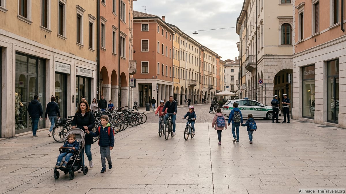 Families with children walking through a quiet Italian city piazza on a calm, safe afternoon.
