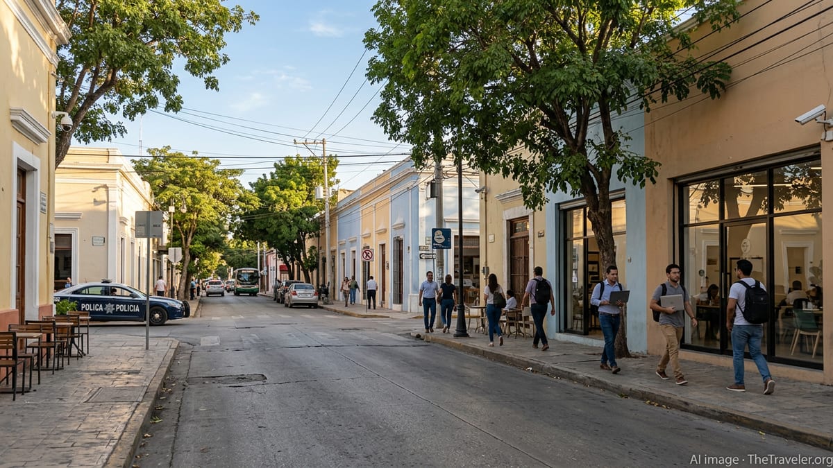 Tree-lined street in central Mérida, Mexico with pedestrians and visible police presence.
