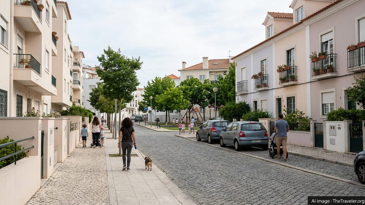 Calm residential street in Cascais, Portugal with families walking and children playing.
