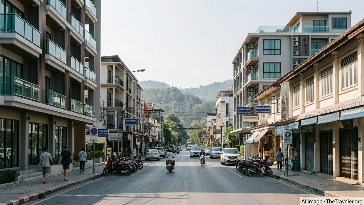 Calm Chiang Mai street with condos, light traffic, and parked motorbikes on a clear day