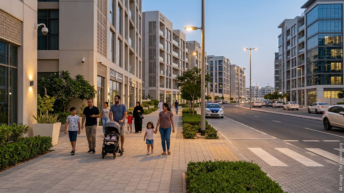 Expat families walking in a well-lit Abu Dhabi residential street at dusk, with orderly traffic and modern buildings.