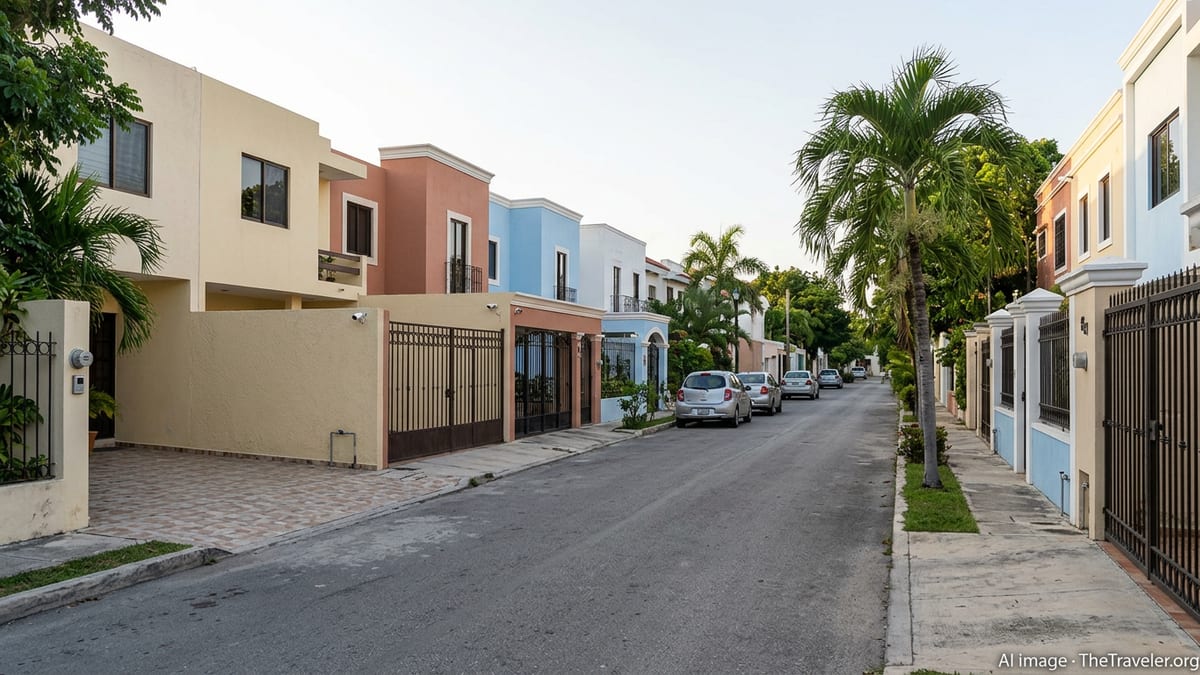 Quiet residential street in Mérida, Mexico with secure, well-kept homes.
