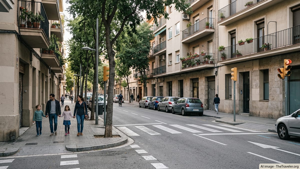Family with children walking on a residential street in a Spanish city at a safe crosswalk.
