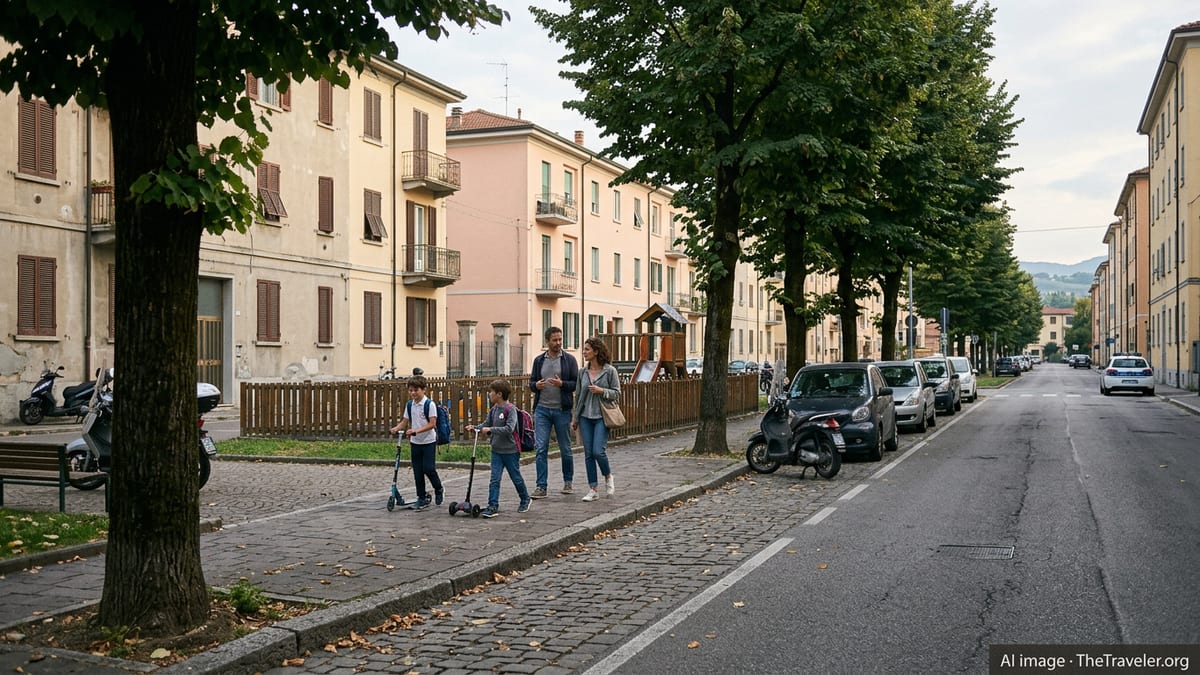 Family with children walking through a quiet residential street in a safe Italian city.