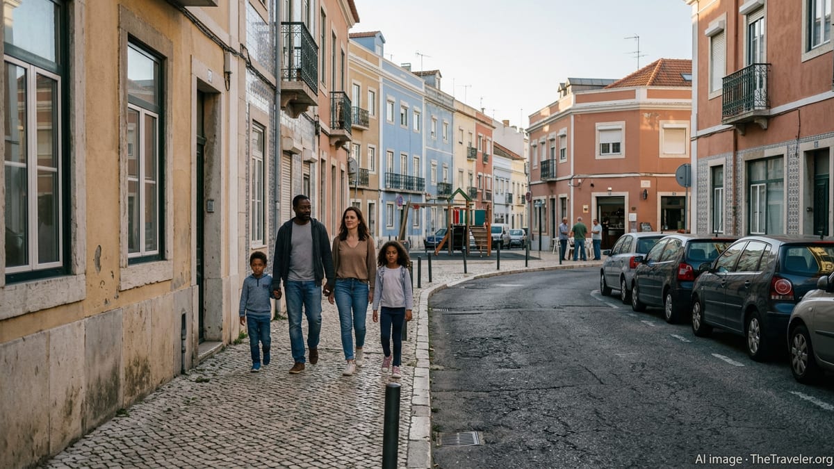 Family with children walking through a quiet residential street in Lisbon, Portugal.