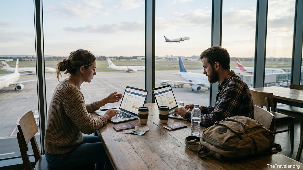Digital nomads in an airport co-working space comparing travel insurance on laptops.