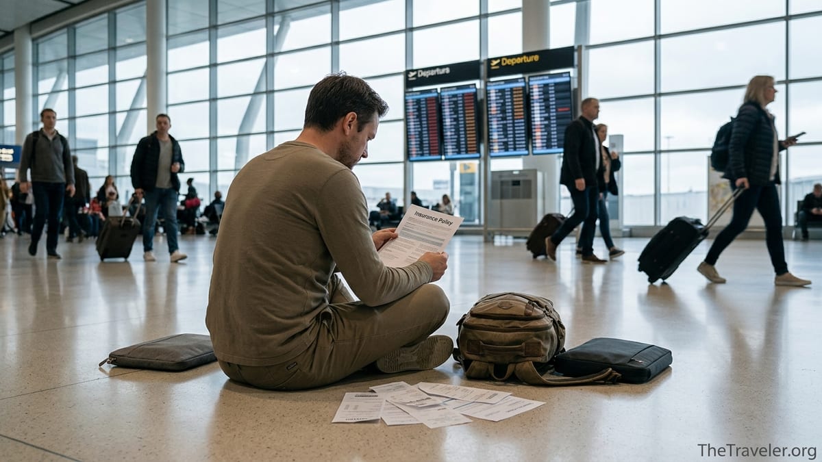 Worried traveler reviewing travel insurance papers in a busy airport terminal.