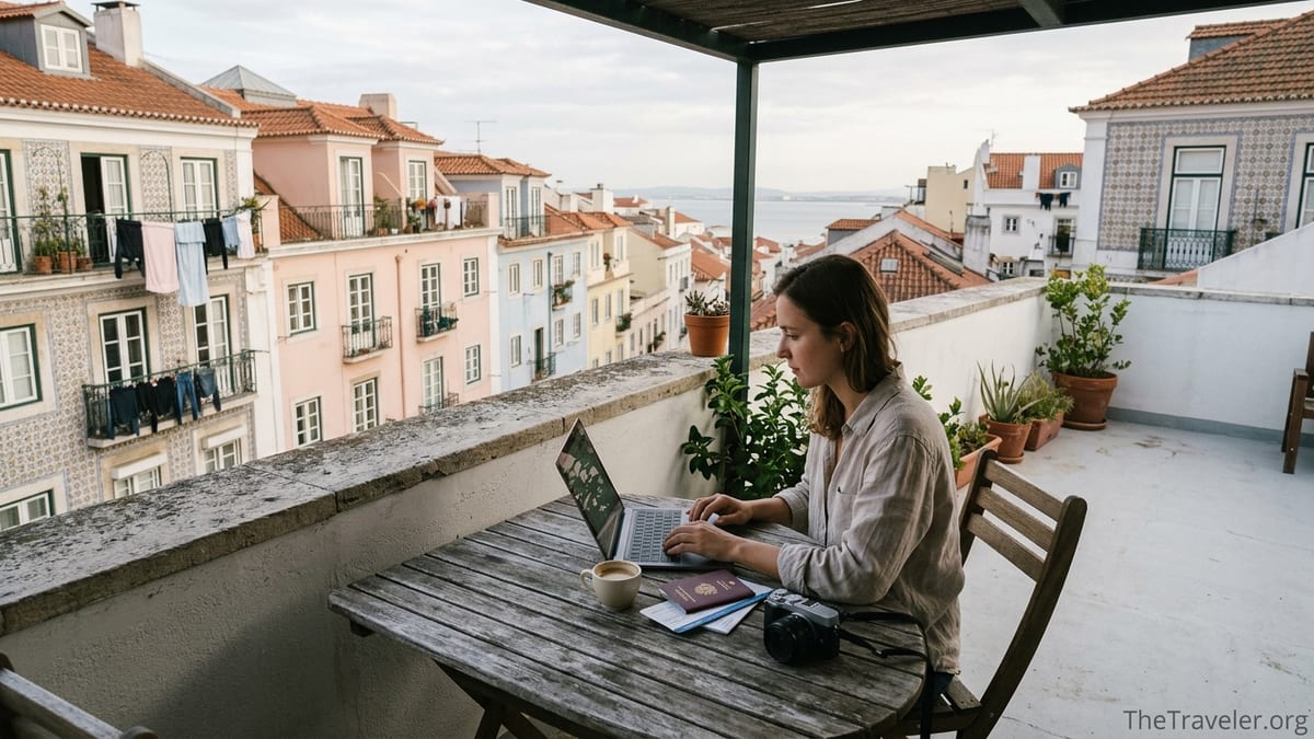 Remote worker on a Lisbon rooftop terrace reviewing travel insurance beside a laptop.