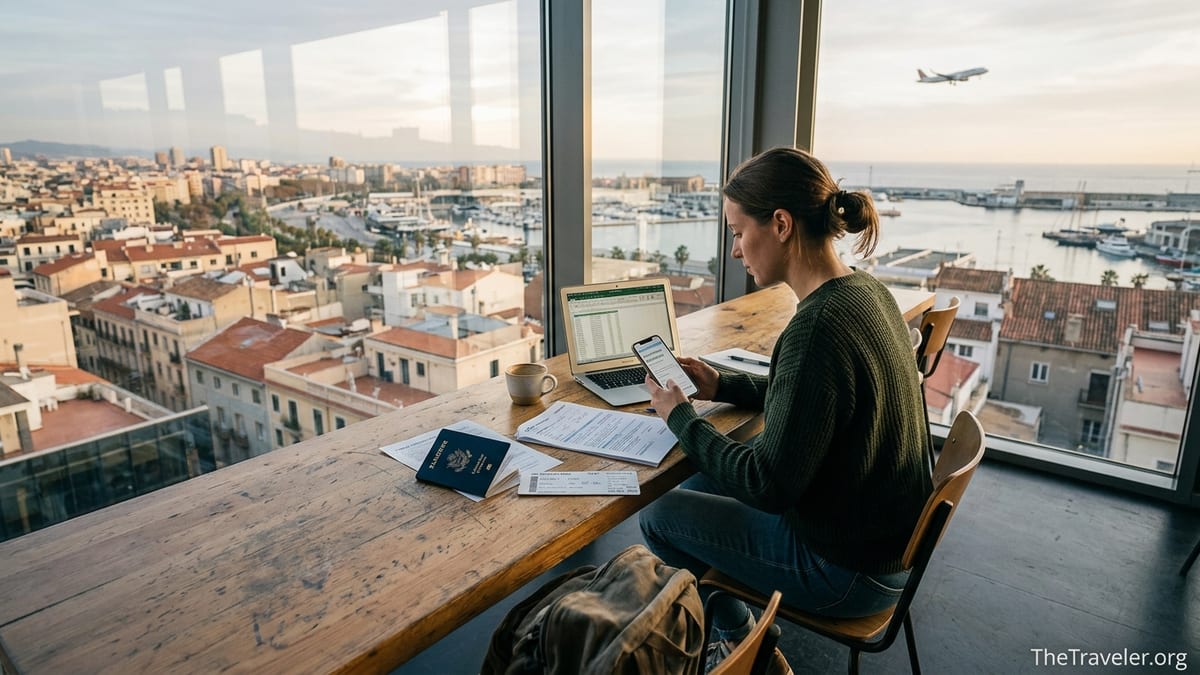 Digital nomad comparing travel insurance documents in a bright coworking space overlooking a coastal city.