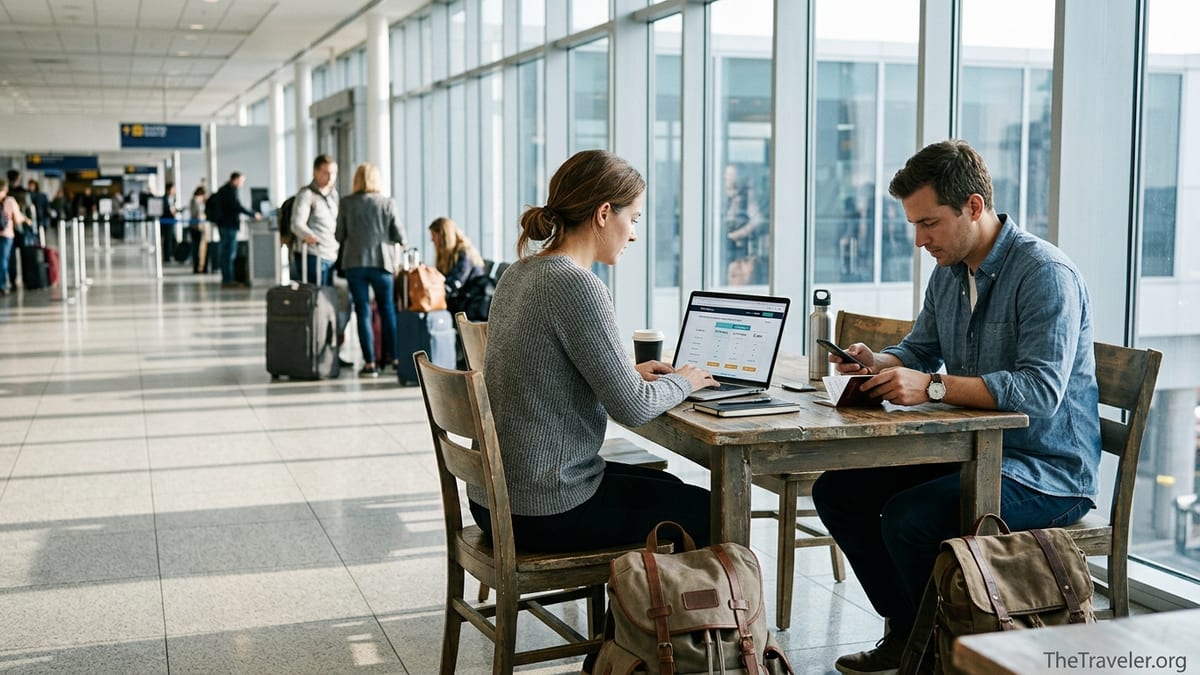 Digital nomads compare travel insurance plans on a laptop in an airport lounge.