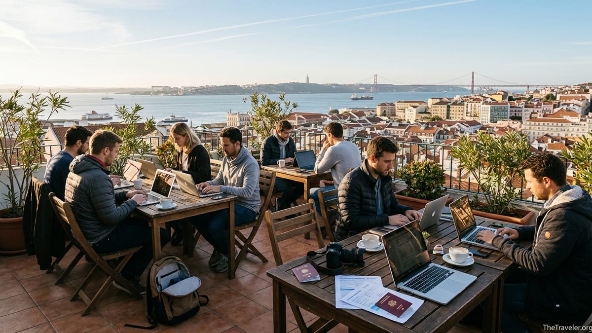 Digital nomads working on a sunny Lisbon terrace with city and river view.