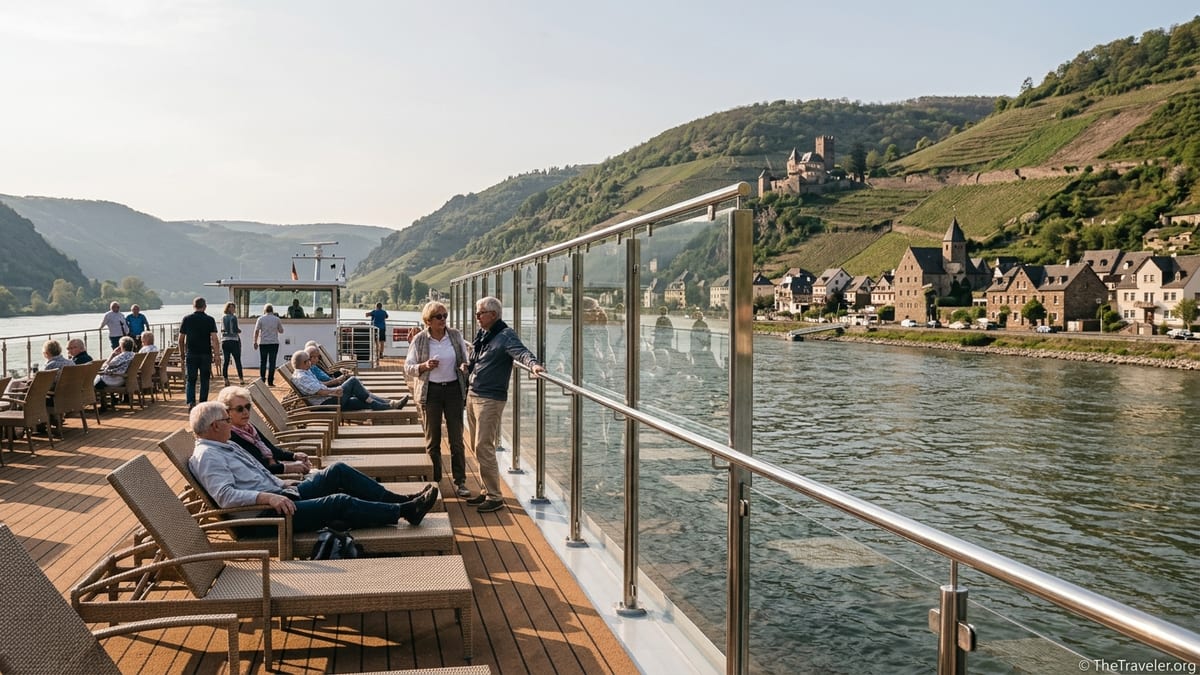 Older travelers relaxing on the sundeck of a Saga-style river cruise ship on the Rhine at sunset.