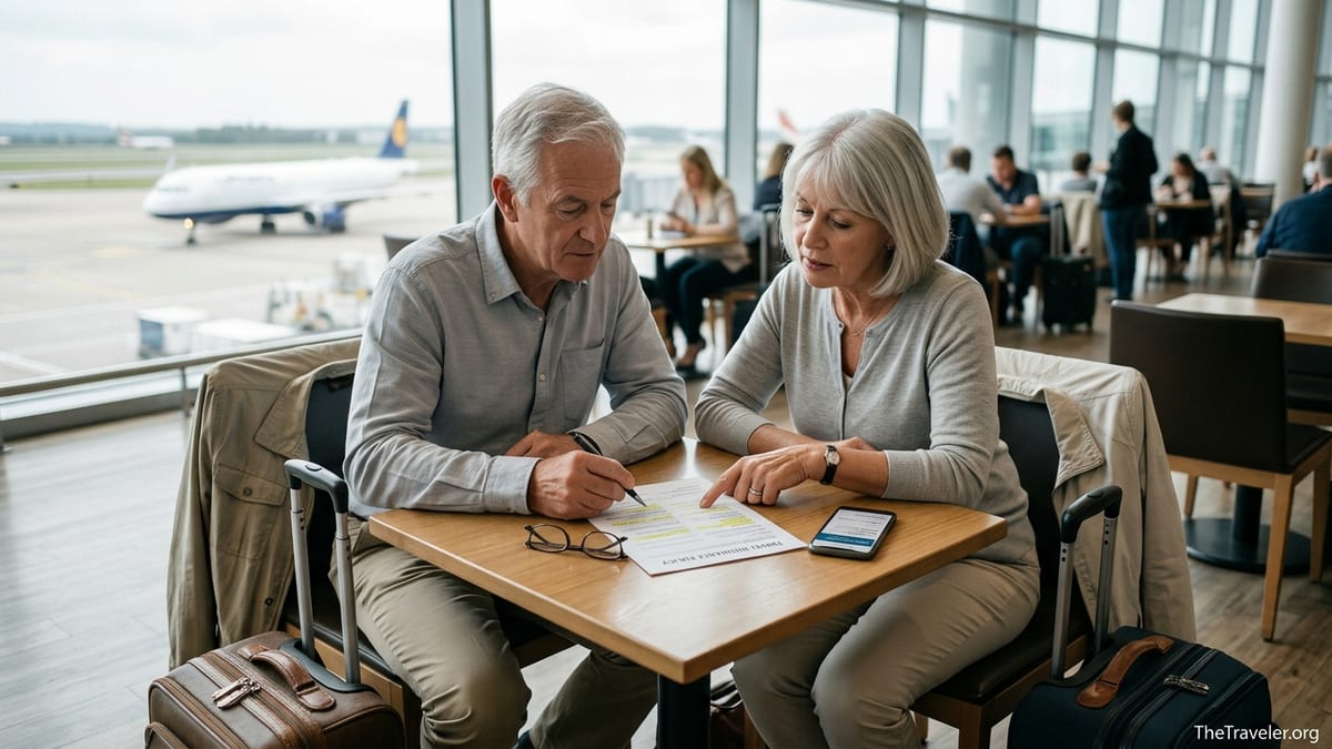 Older couple at an airport table reviewing travel insurance documents before flying.