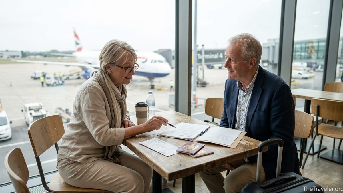 Older couple in an airport lounge reviewing travel insurance documents before a flight.