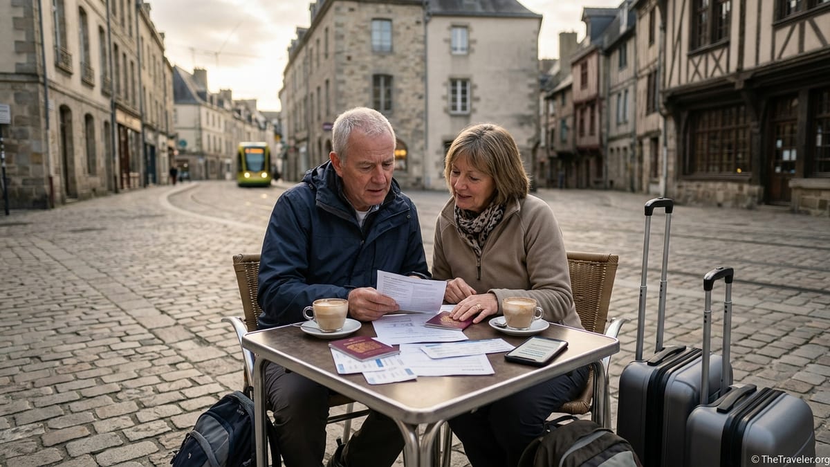 Older couple at a European café table reviewing travel insurance documents before a trip.