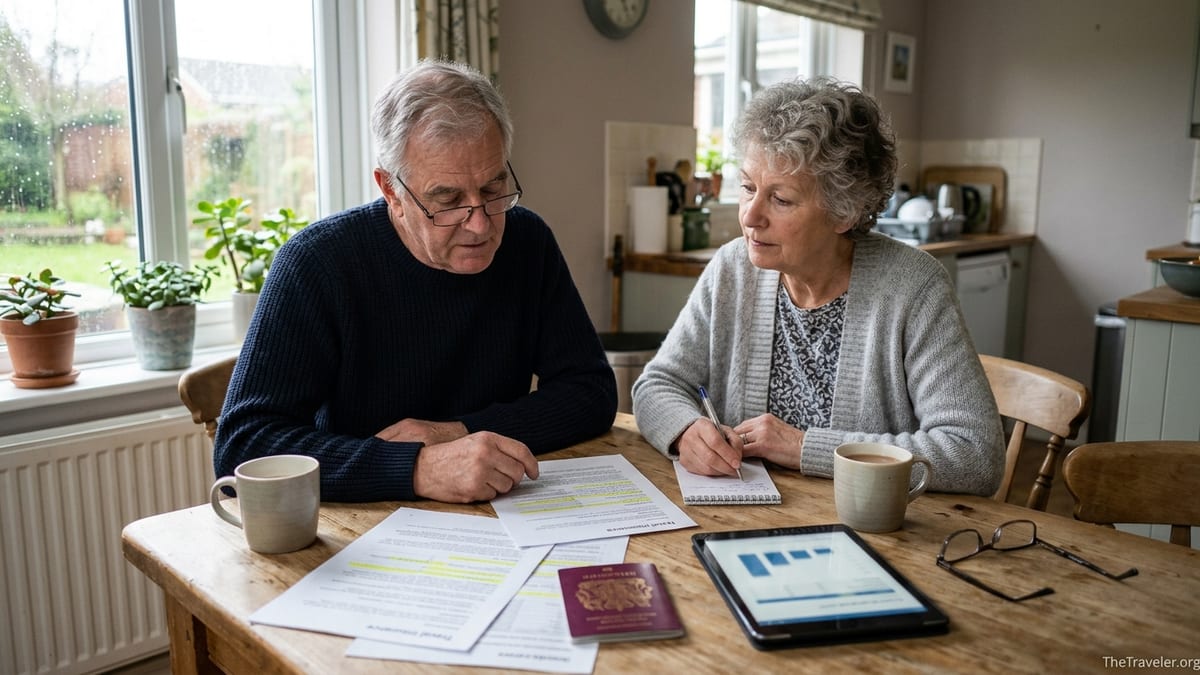 Older couple at a kitchen table in the UK comparing travel insurance documents.