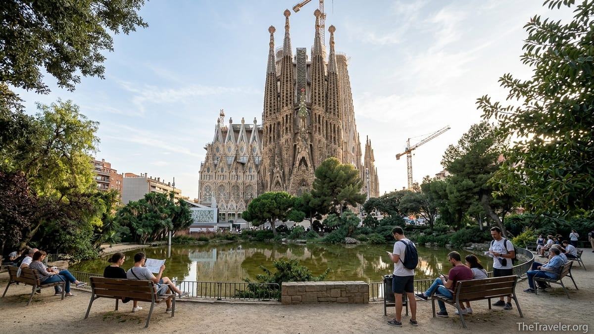 Visitors in the park opposite the Sagrada Família, with the basilica reflected in the pond on a sunny afternoon.