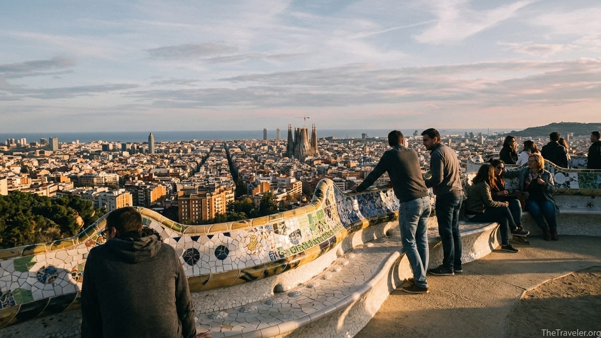 View from Park Güell terrace at sunset with mosaic bench and Sagrada Família on the horizon.