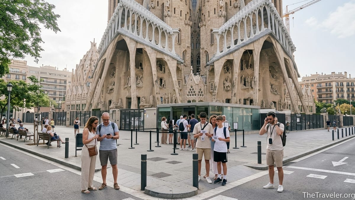 Visitors queue with pre-booked tickets outside Barcelona’s Sagrada Família on a busy morning.