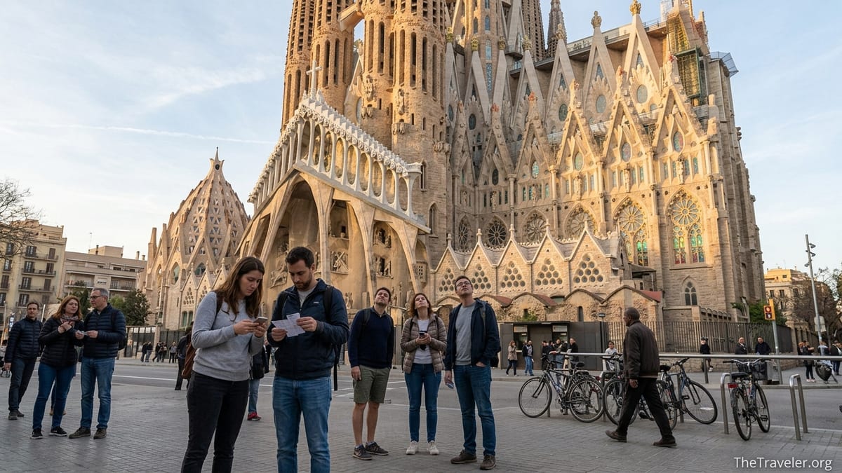 Visitors stand outside Barcelona’s Sagrada Família at golden hour, looking up at the completed basilica towers.