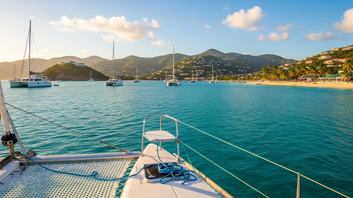 catamaran glides through the Sir Francis Drake Channel in the British Virgin Islands