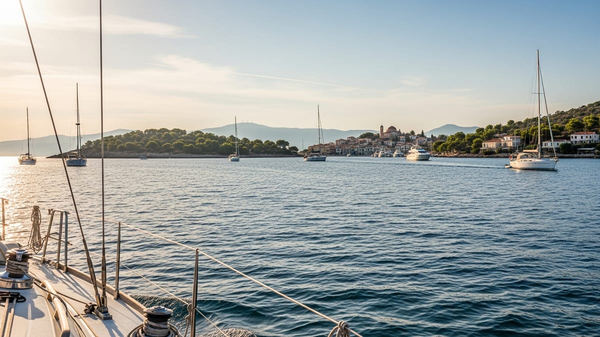 Sailing in the Saronic Gulf, viewing Greek islands in soft golden light.