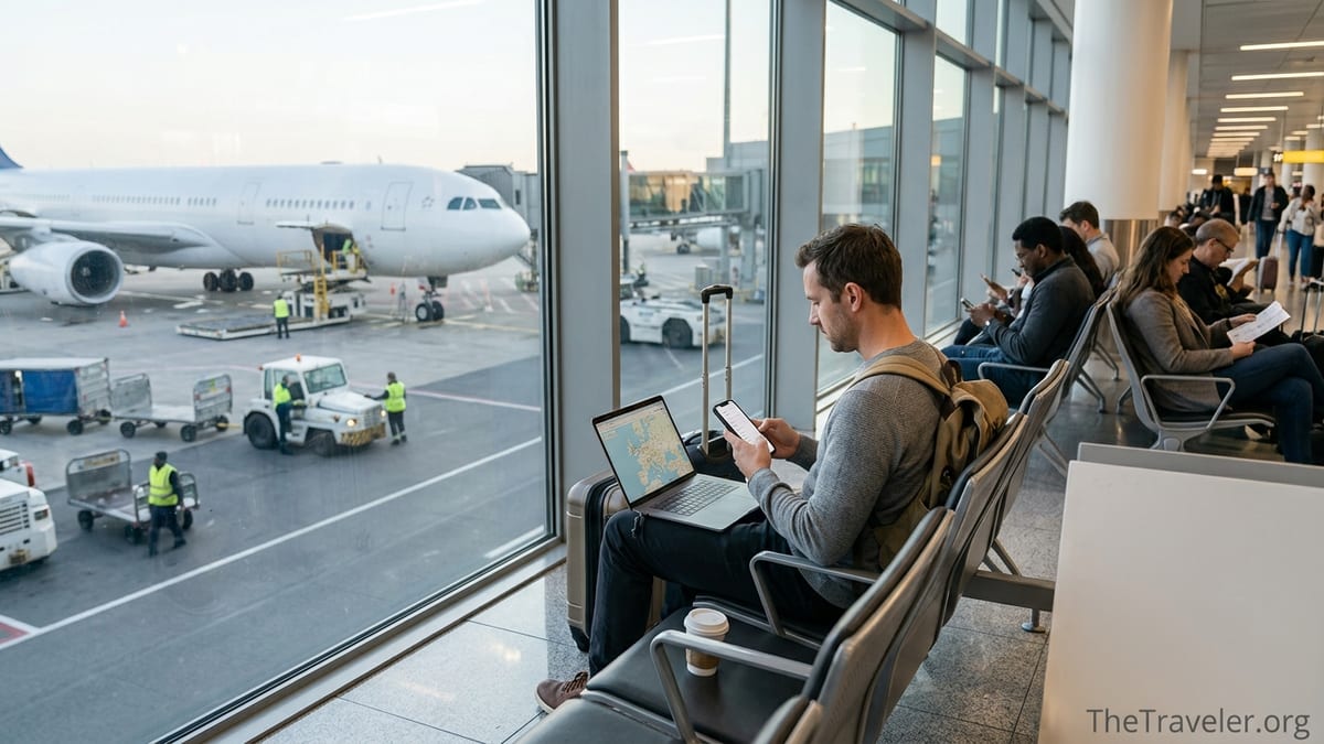 Traveler in airport using smartphone eSIM with plane outside window.