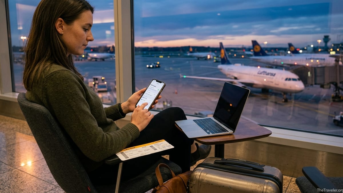 Frequent traveler using a smartphone eSIM while waiting at an airport gate at dusk.