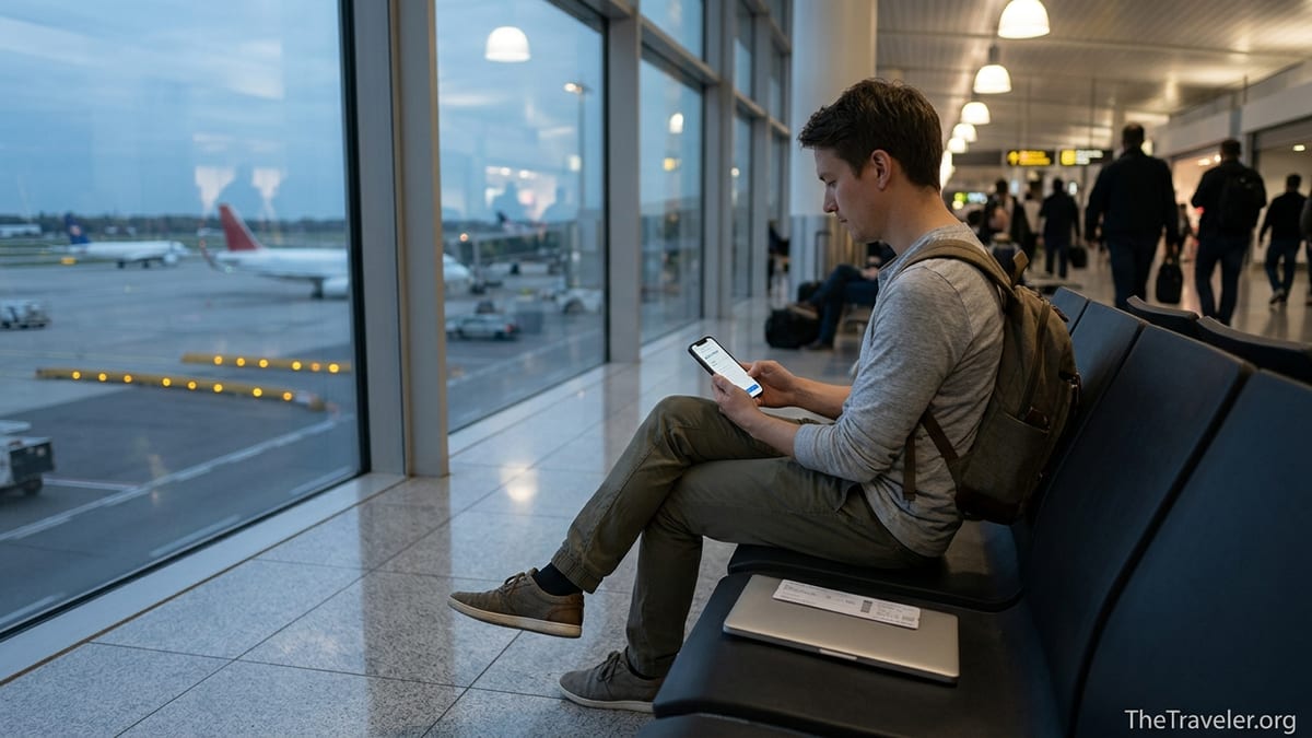 Traveler at an airport using a smartphone for eSIM data before an international flight.