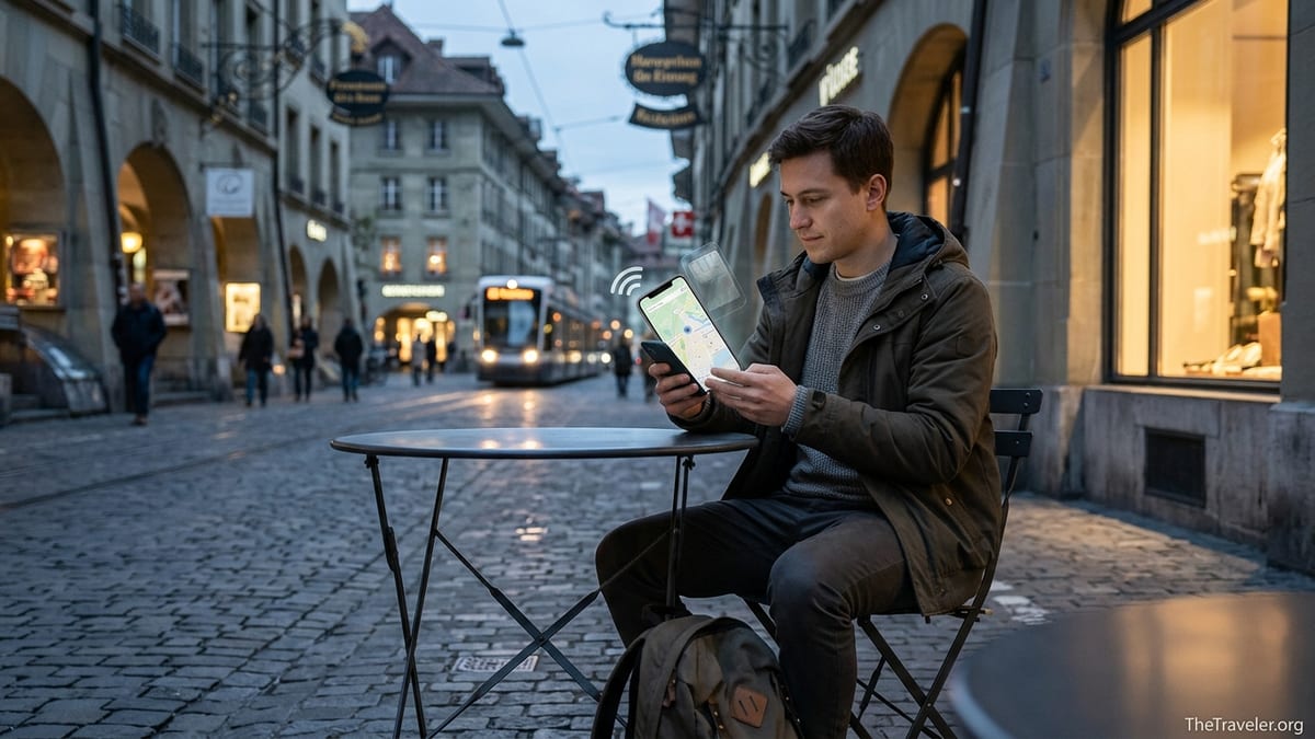 Traveler using a smartphone eSIM at a street café in a European city at dusk