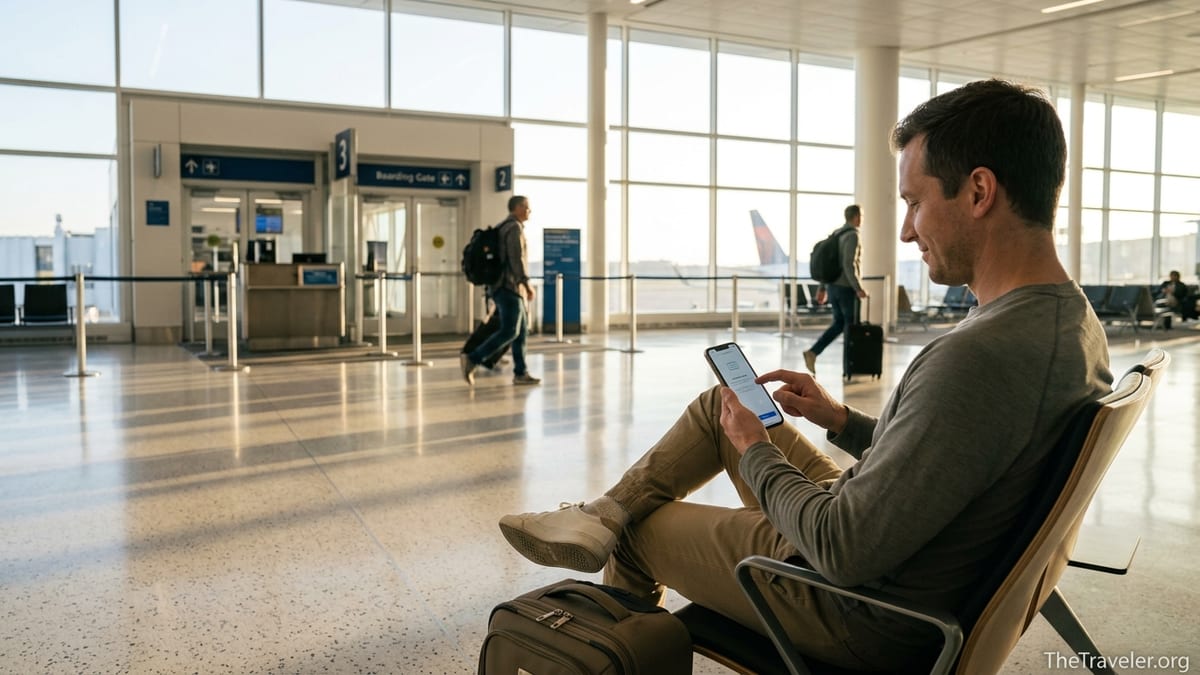 Traveler in an airport lounge easily setting up mobile eSIM on a smartphone before an international trip.