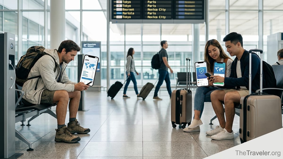 Travelers in an airport comparing eSIM apps on smartphones before an international flight.