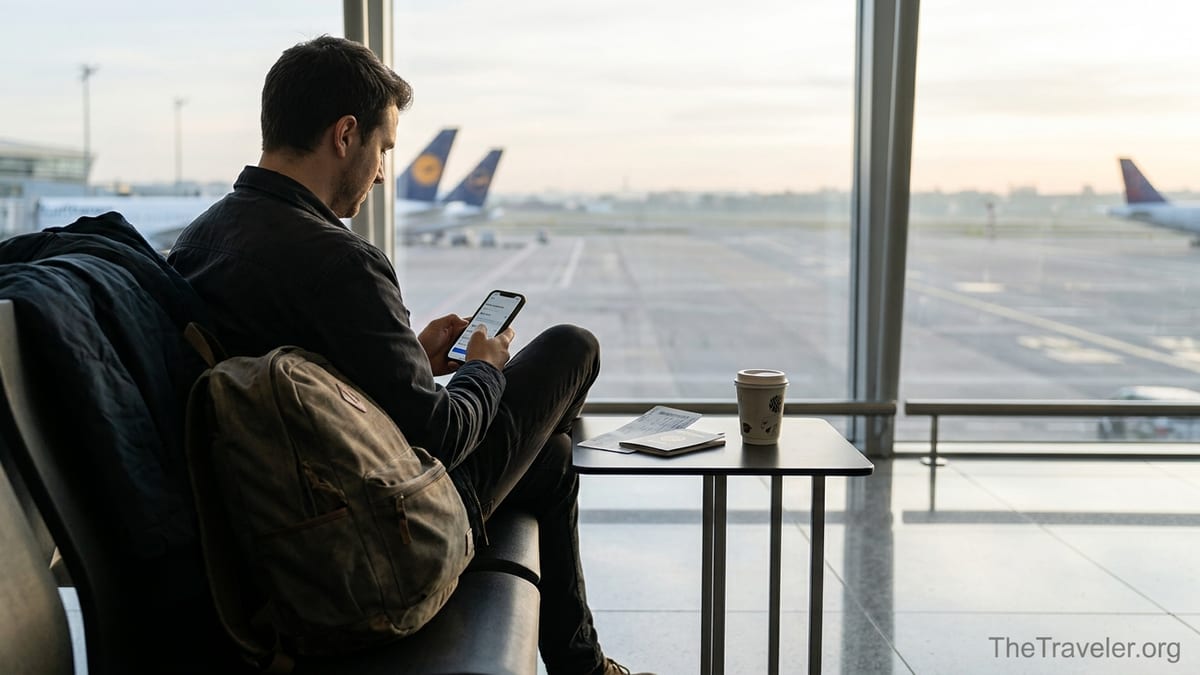 Traveler at an airport window checking a phone with planes outside at dawn.