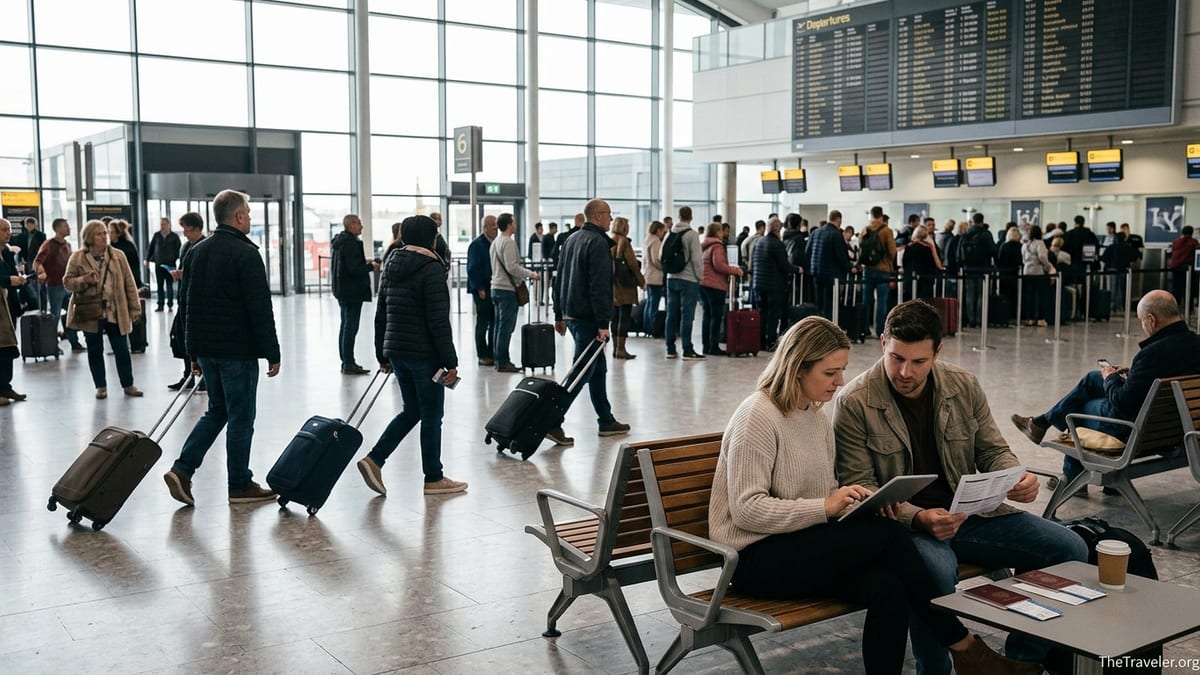 Travellers in a UK airport departure hall reviewing travel documents before a flight.