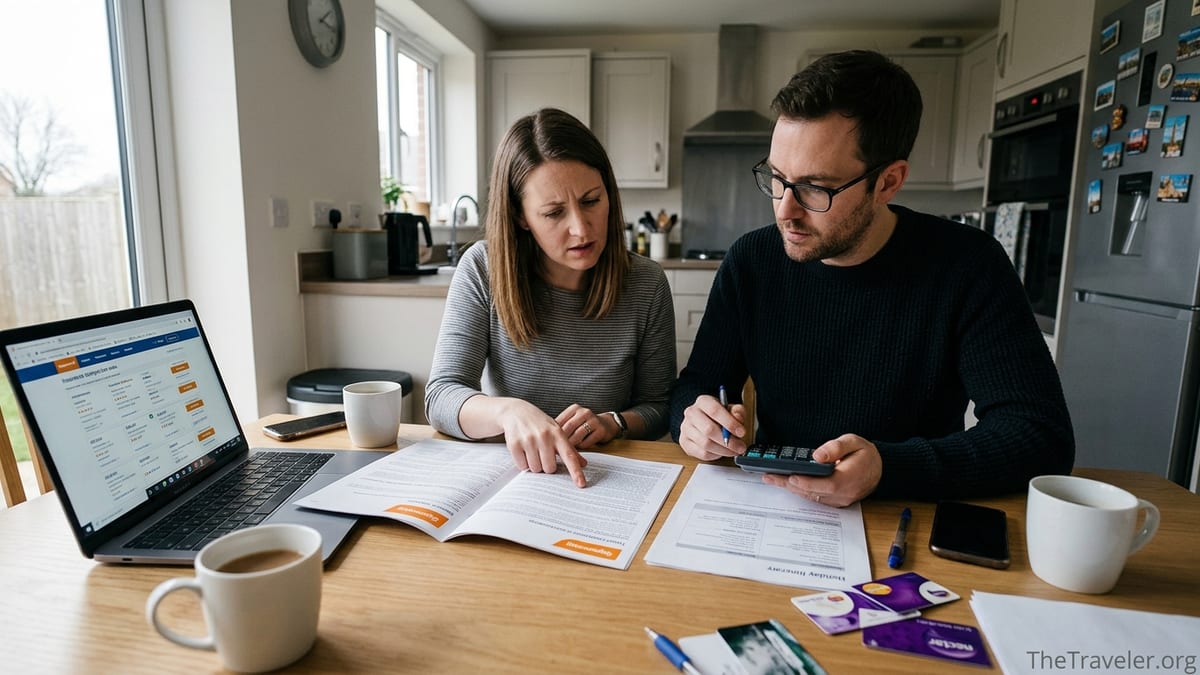 Couple at a kitchen table comparing UK travel insurance documents on a laptop.