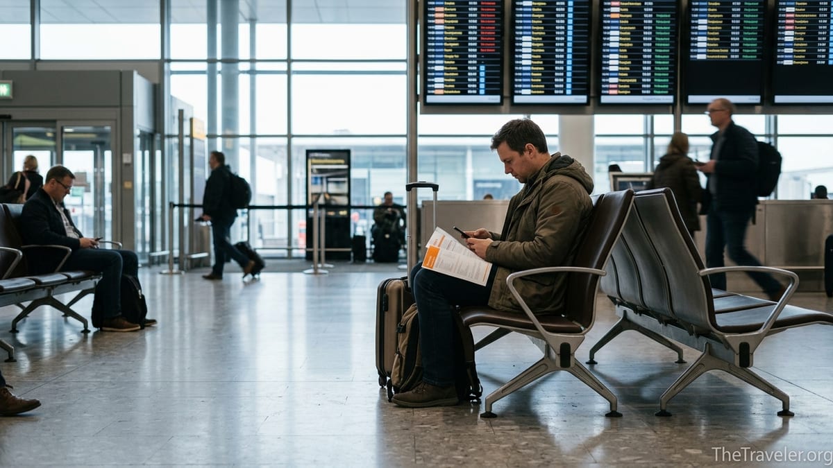 Couple at kitchen table reviewing travel insurance documents before a trip